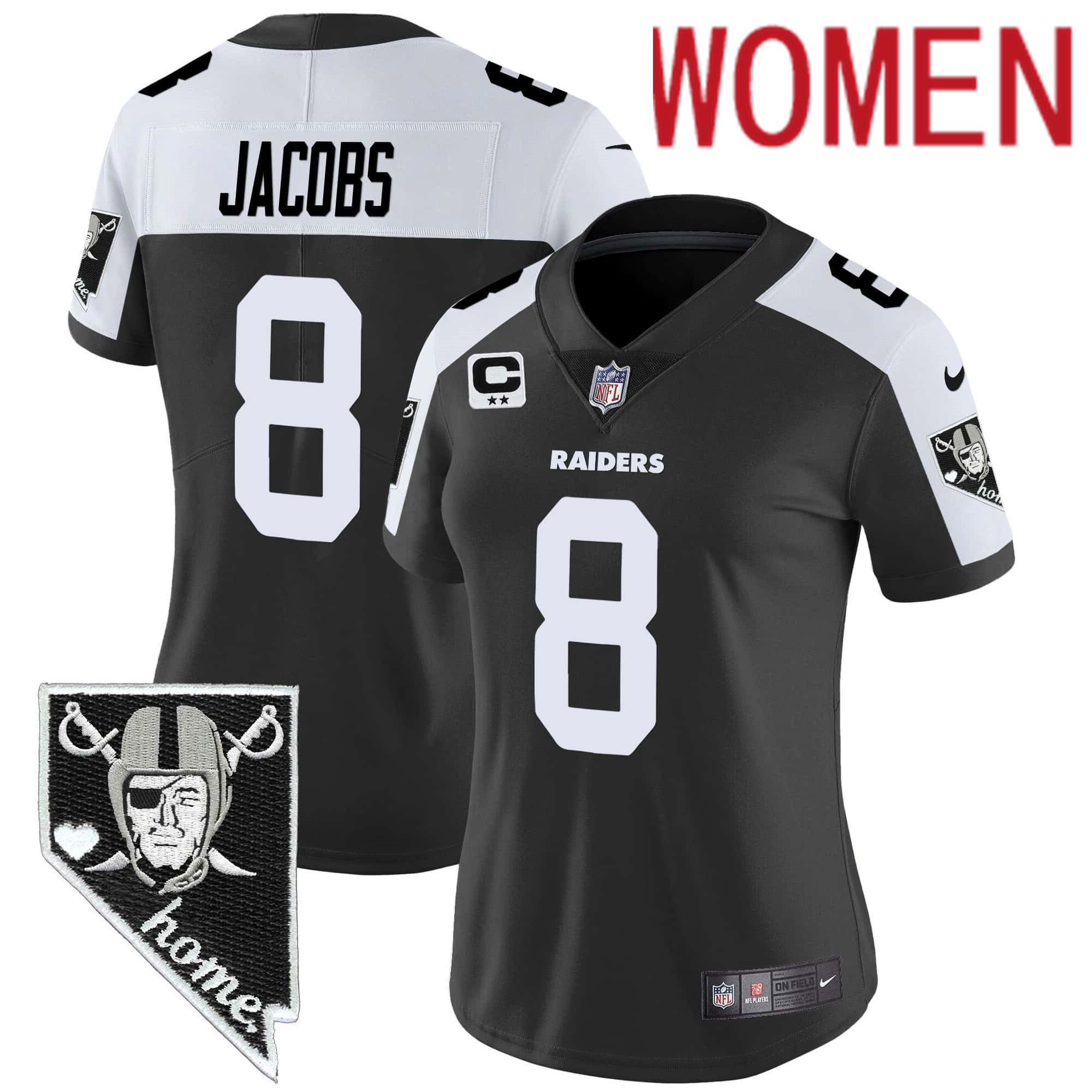 Women Oakland Raiders #8 Jacobs Black 2024 Nike Nevada Home Patch Vapor NFL Jersey